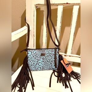 Justin‎ NWT Brown and Blue Tooled Crossbody Bag with Leather Fringe